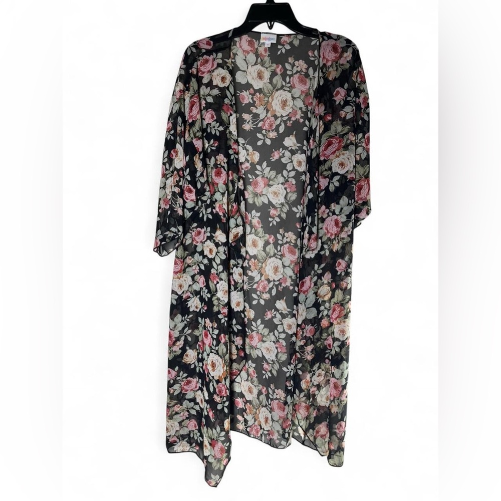 LuLaRoe Floral Kimono with Pink and White on Black